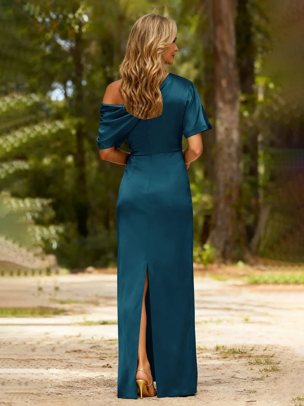 Champagne a-line floor-length formal dress with draping, alternate view