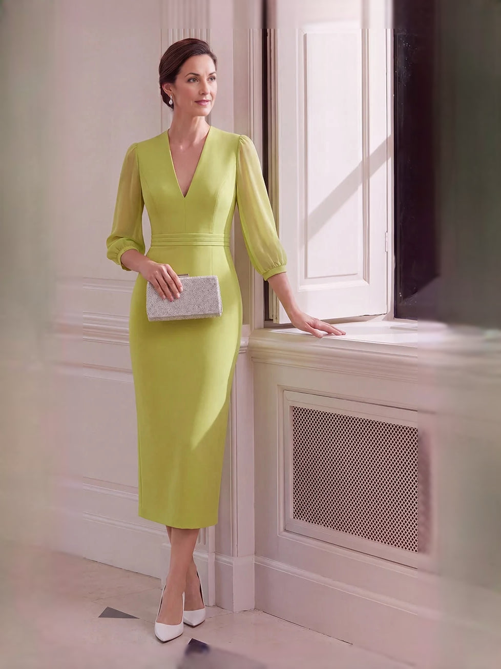 Chartreuse midi mother of the bride dress, alternate view showing the dress shape and hem