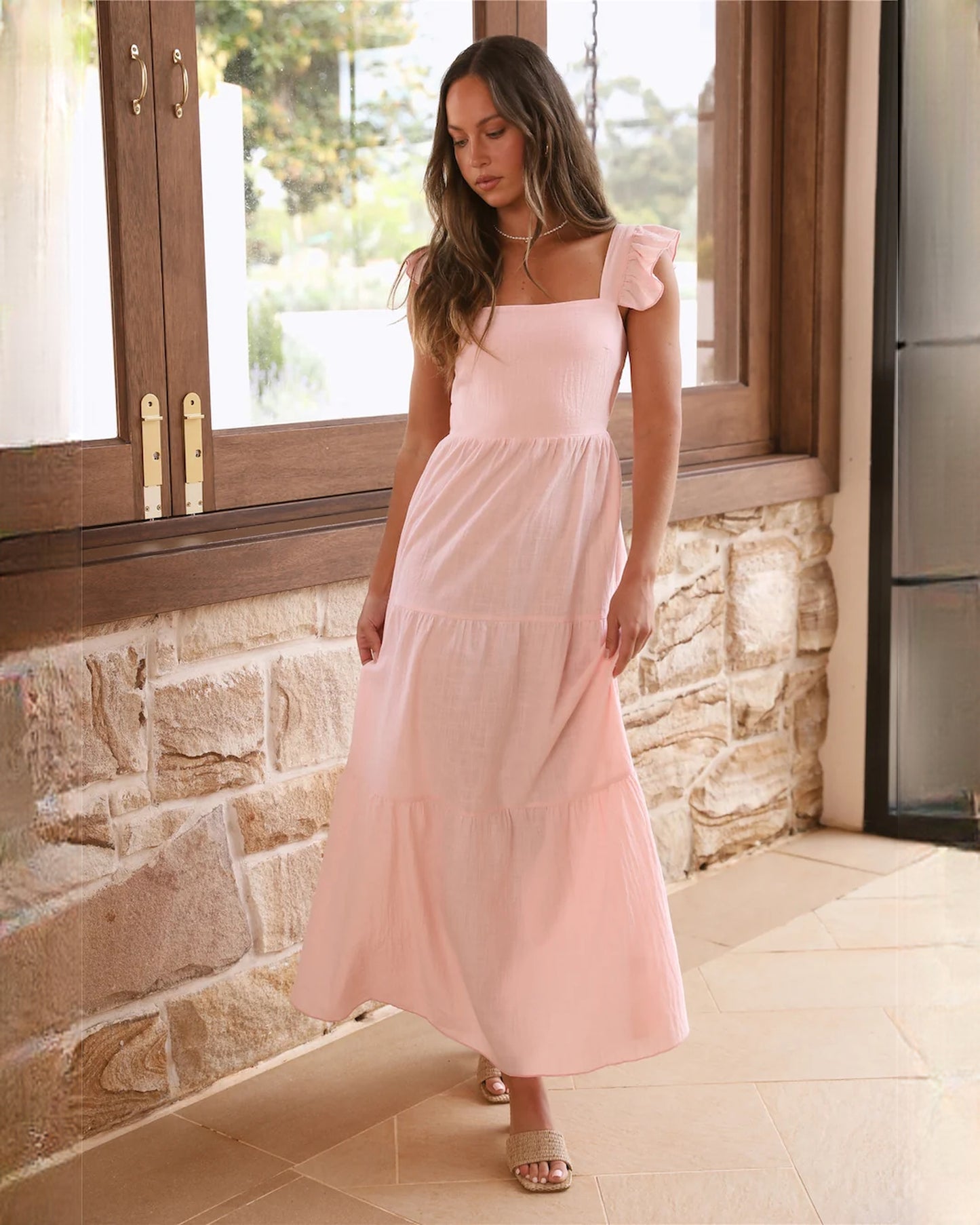 sleeveless structured satin a-line maxi bridesmaid dress - image 3