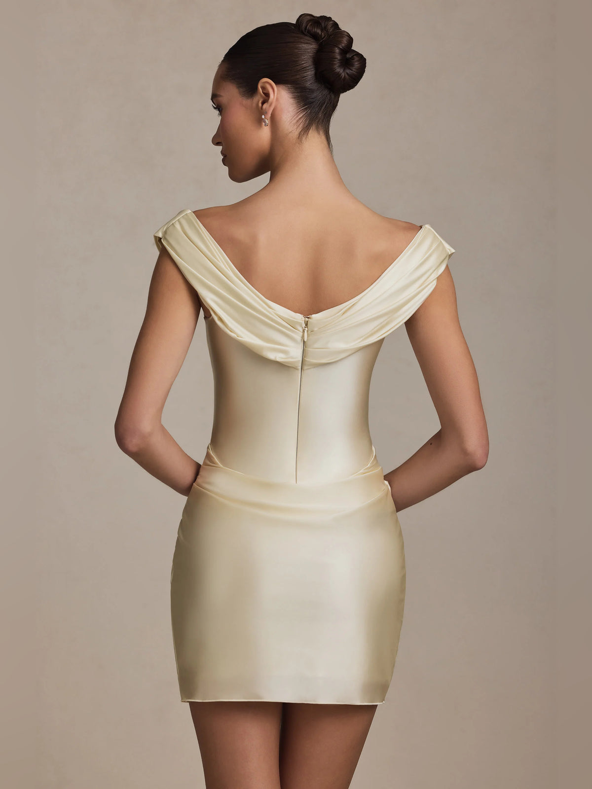 Ivory mini homecoming dress, alternate view showing the dress shape and hem