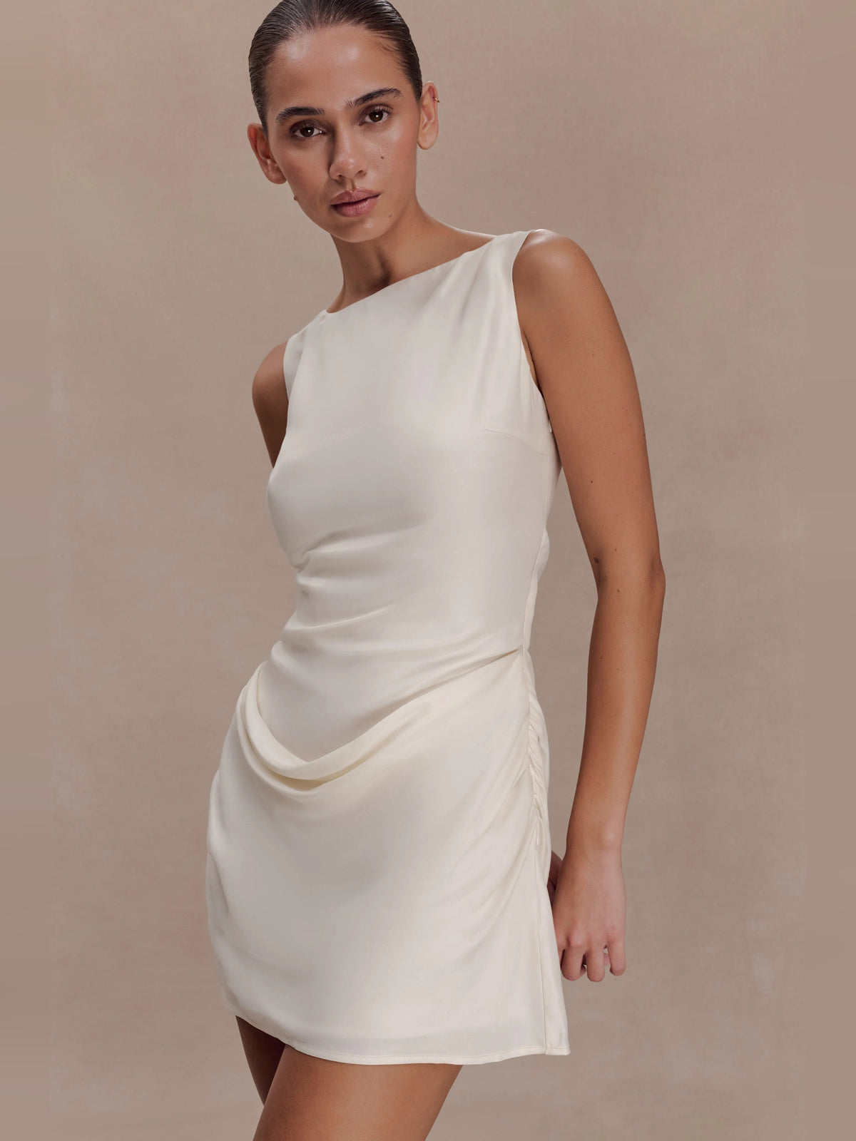 Ivory mini homecoming dress, alternate view showing the dress shape and hem