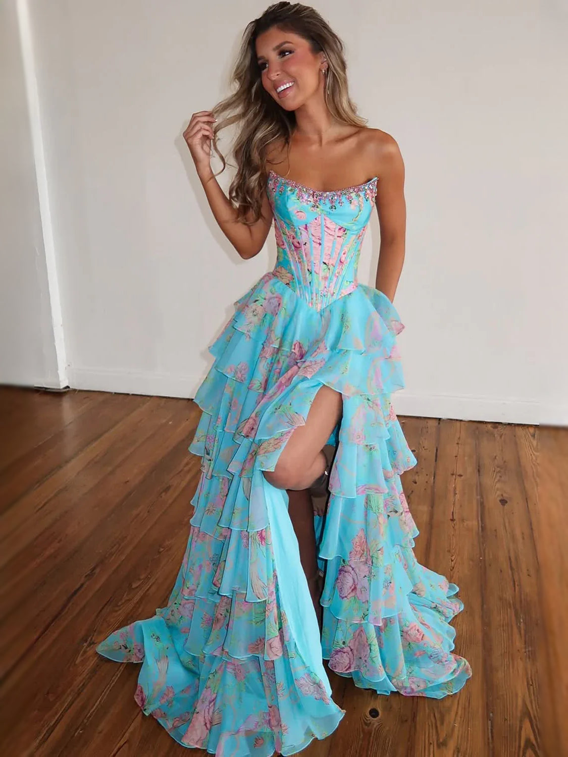 Aqua floor-length prom dress, alternate view showing the dress shape and hem
