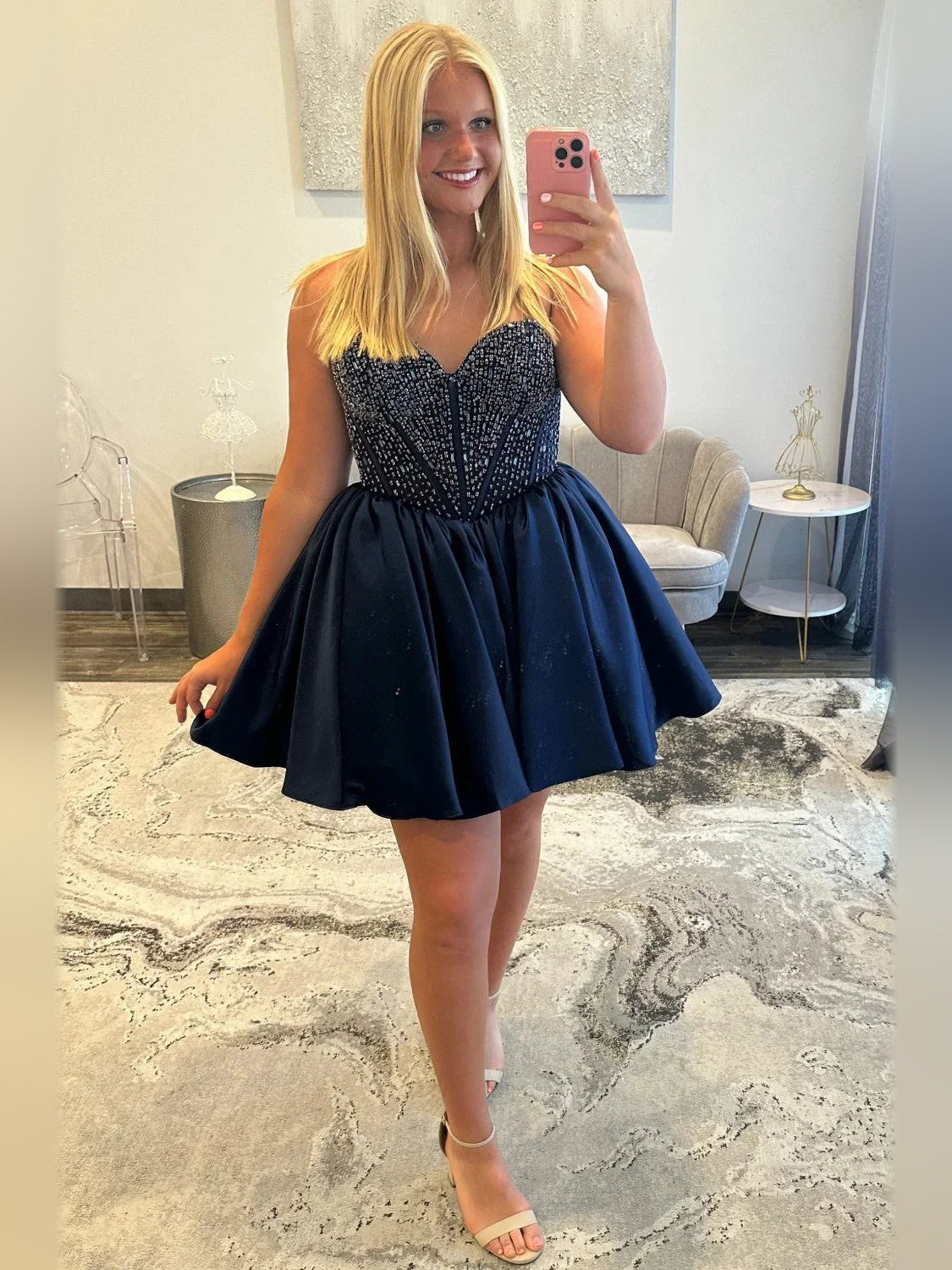 Navy Blue mini homecoming dress, alternate view showing the dress shape and hem
