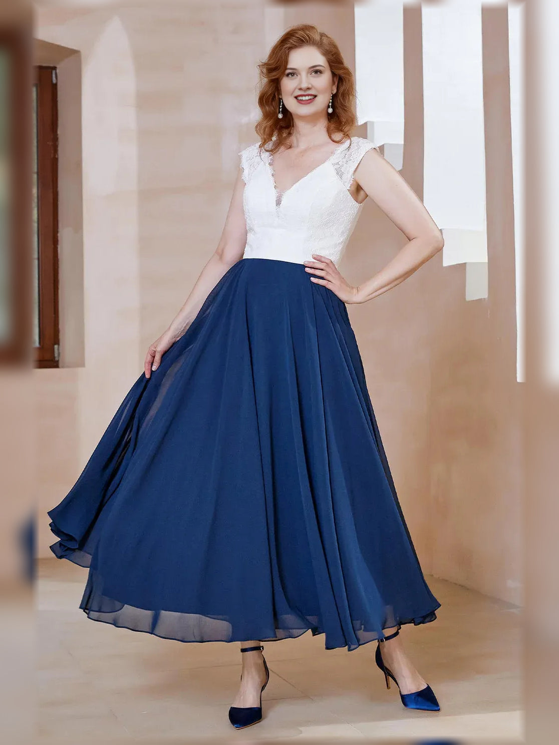 Navy Blue midi mother of the bride dress, alternate view showing the dress shape and hem