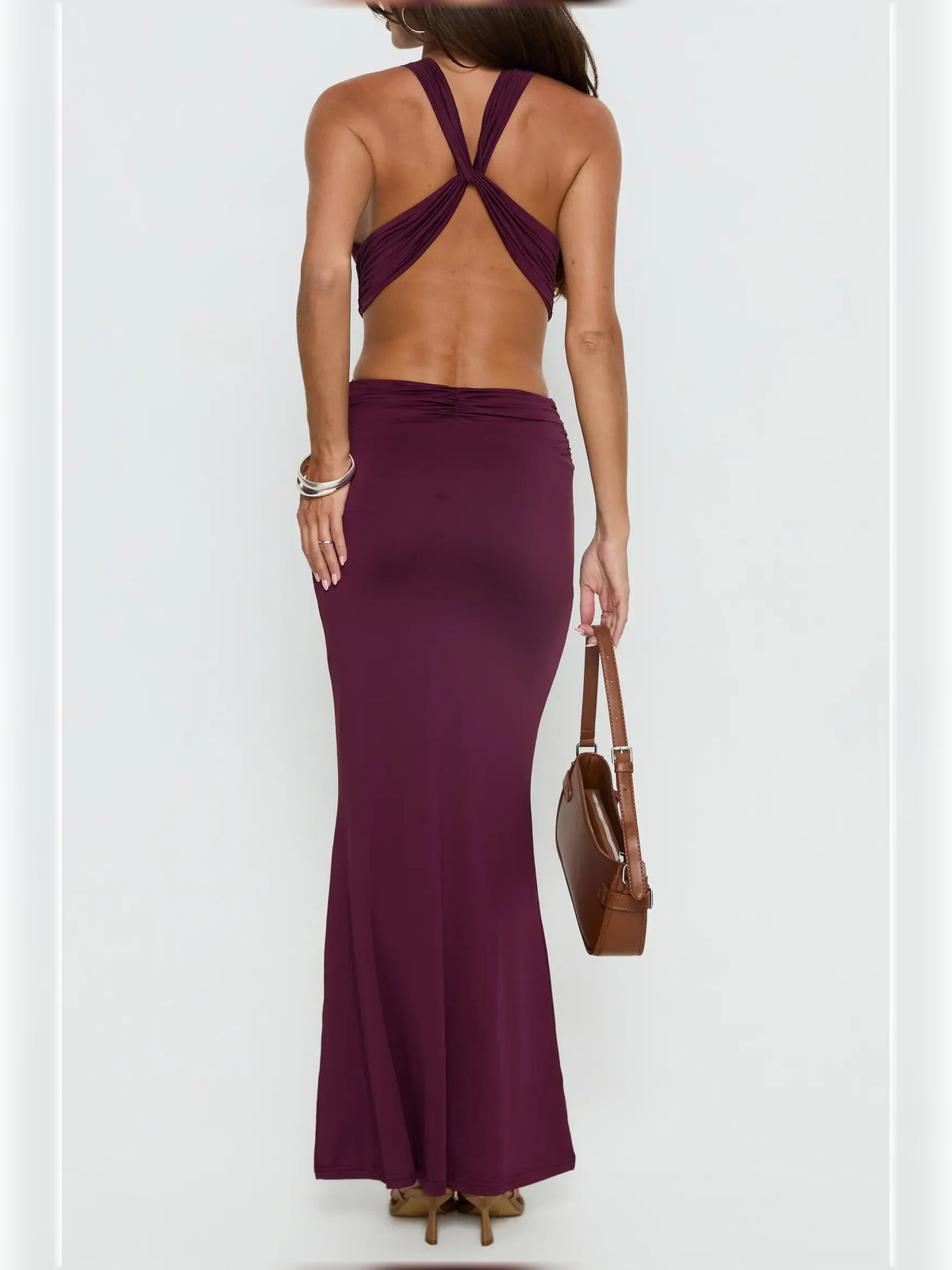 Purple mermaid floor-length formal dress with ruching, alternate view