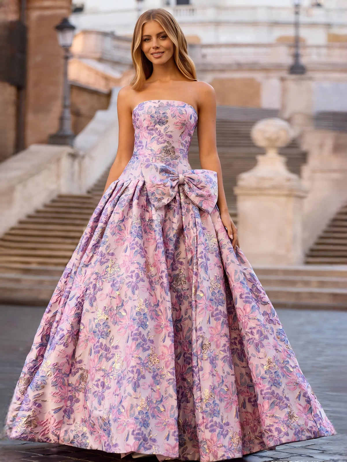 Lilac floor-length prom dress, alternate view showing the dress shape and hem