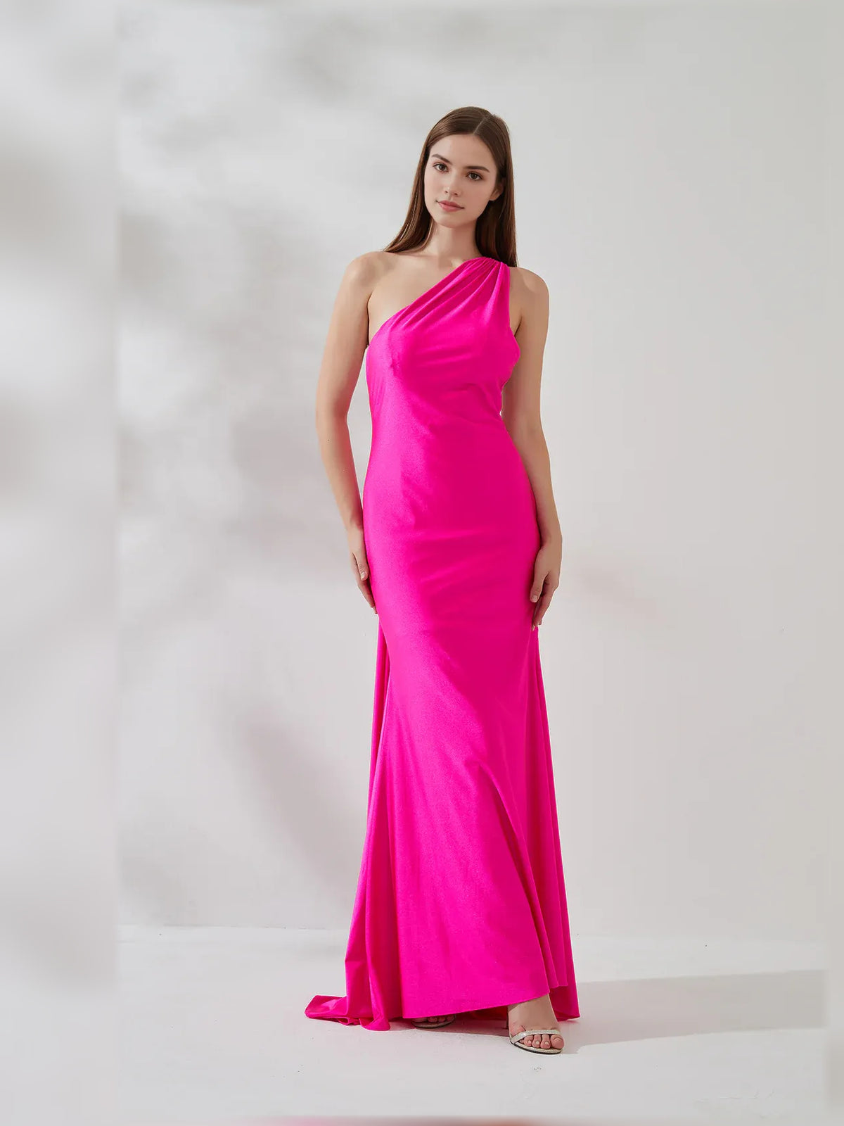 Hot Pink mermaid floor-length formal dress with draping, alternate view showing the bodice