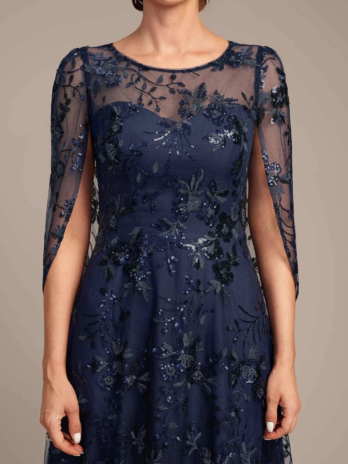Dark Blue maxi mother of the bride dress, alternate view showing the dress shape and hem