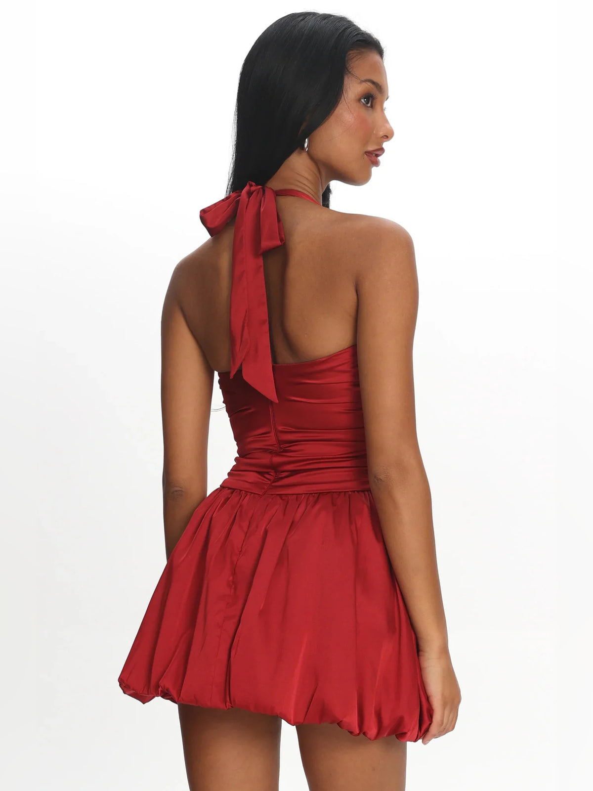 Crimson Red mini homecoming dress, alternate view showing the dress shape and hem