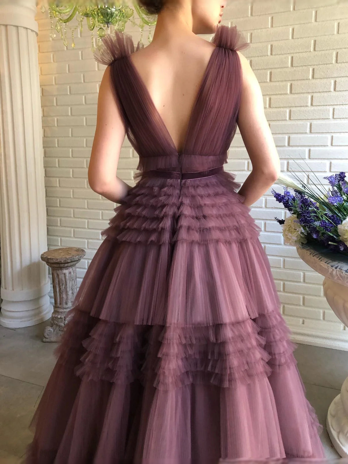 Plum maxi prom dress, alternate view showing the dress shape and hem