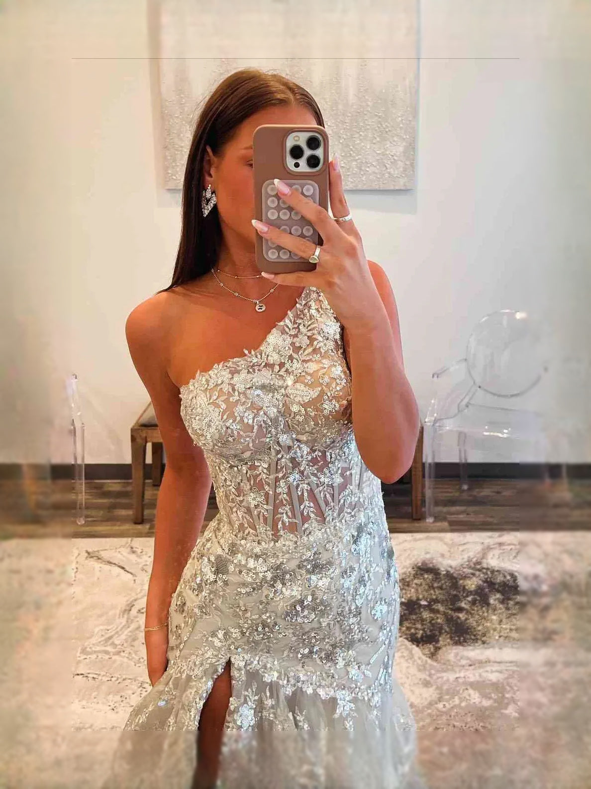 Silver floor-length prom dress, alternate view showing the dress shape and hem