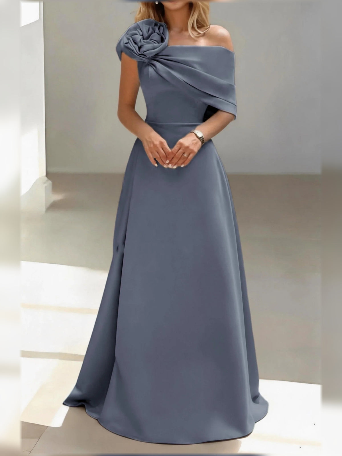 Champagne floor-length mother of the bride dress, alternate view showing the dress shape and hem