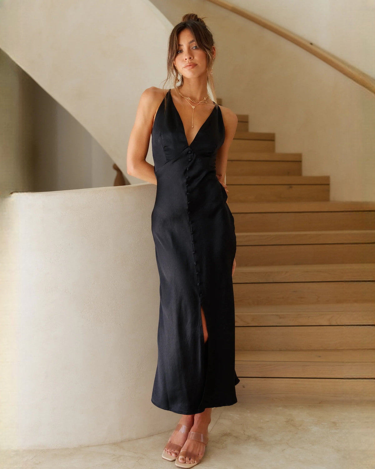 sleeveless satin a-line maxi bridesmaid dress - image 3