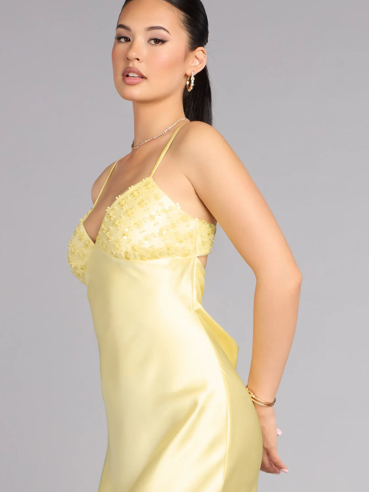 Yellow sheath floor-length formal dress with draping, alternate view