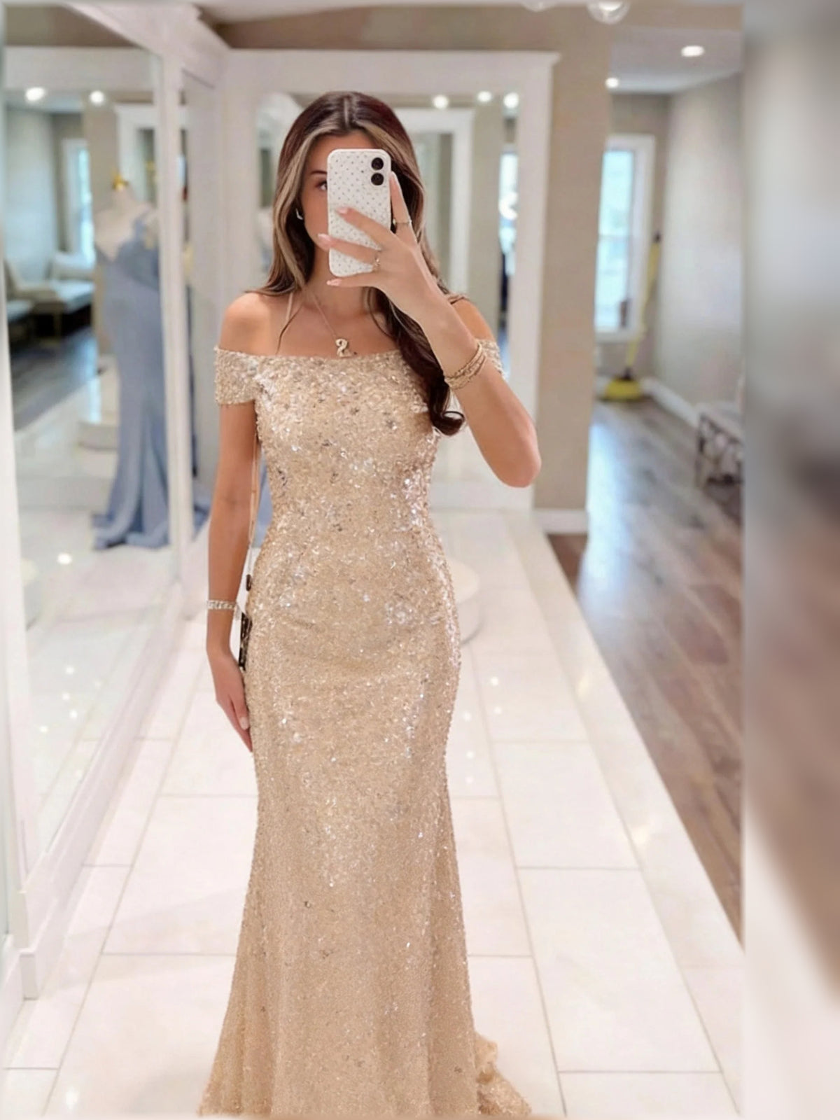 Champagne short mother of the bride dress, alternate view showing the dress shape and hem