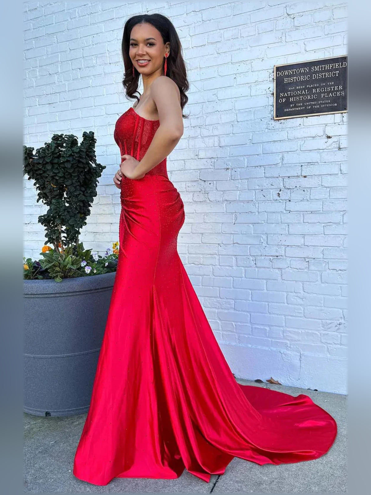 Royal Blue mermaid floor-length formal dress with corset-style bodice, alternate view
