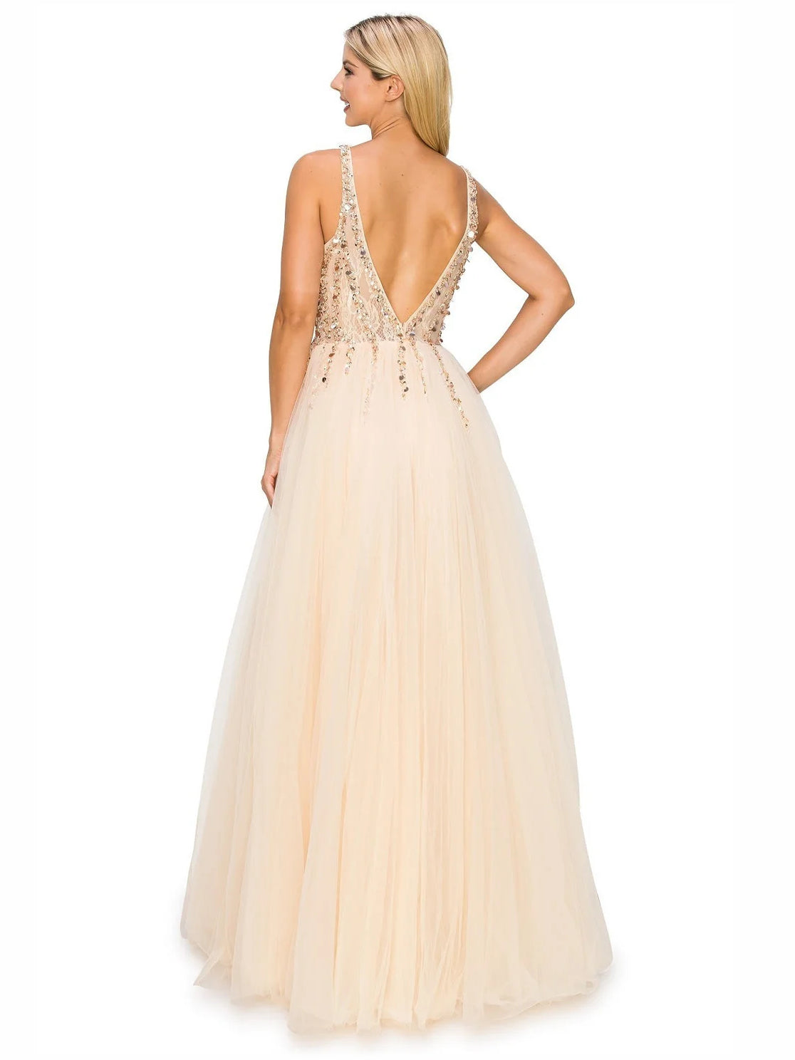 Champagne a-line floor-length formal dress with beading, alternate view showing the bodice