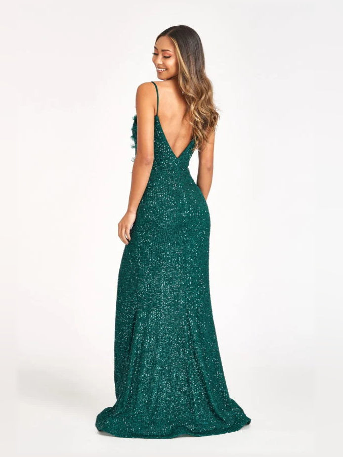 Champagne mermaid floor-length formal dress with floral appliqué, alternate view