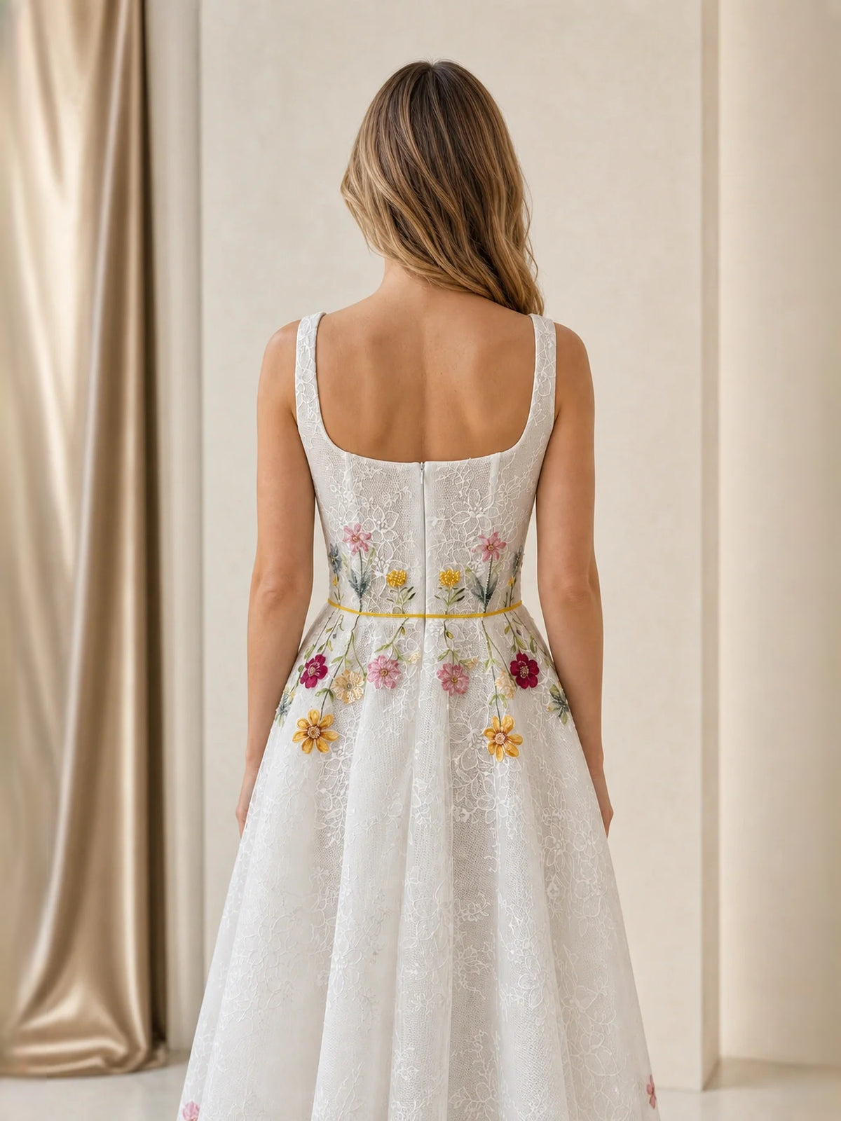 Ivory midi bridesmaid dress, alternate view showing the dress shape and hem