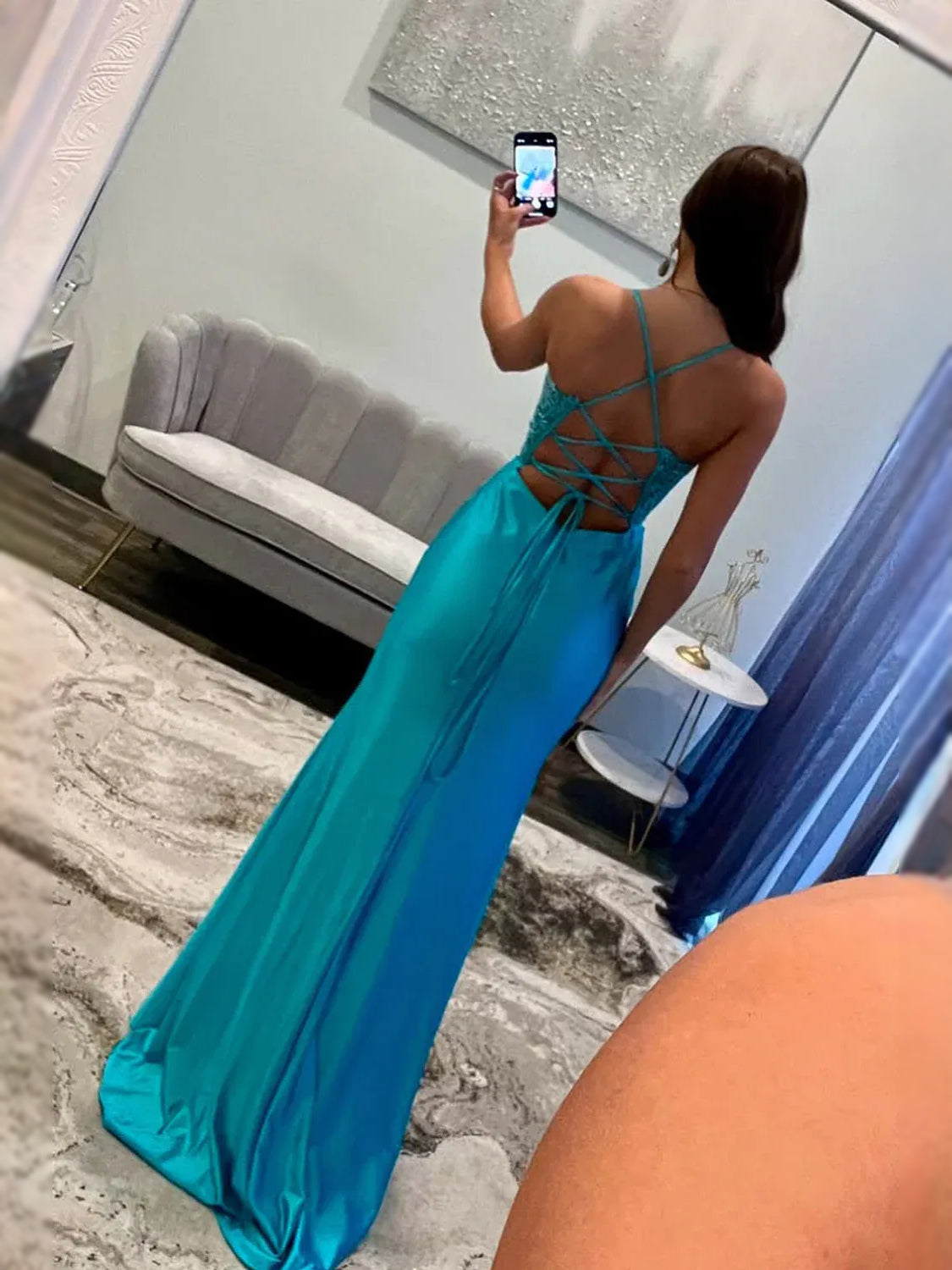 Blue floor-length prom dress, alternate view showing the dress shape and hem