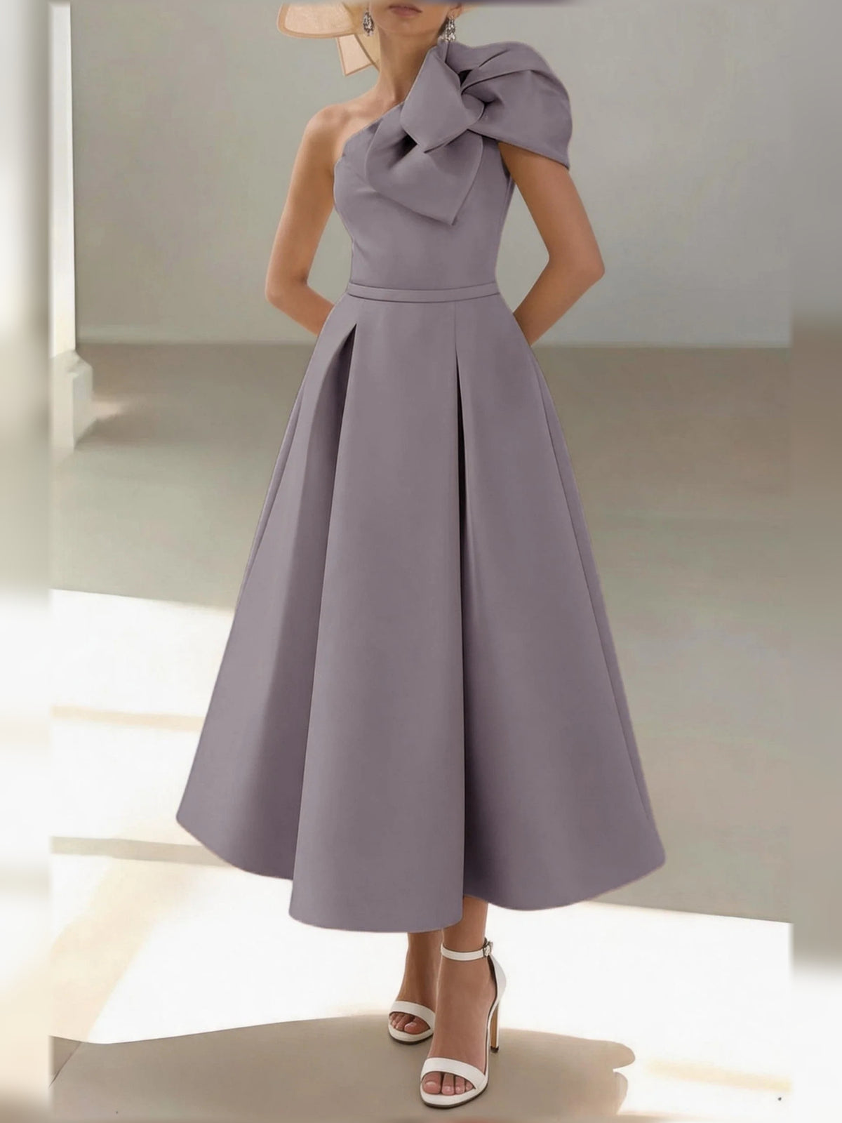 Champagne midi mother of the bride dress, alternate view showing the dress shape and hem