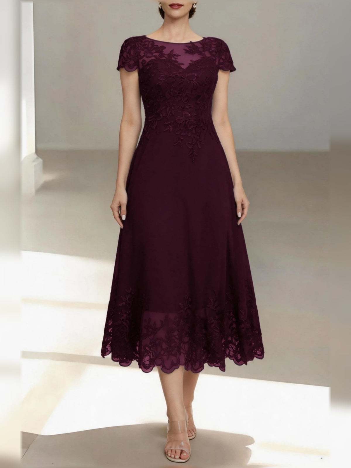 Mulberry short mother of the bride dress, alternate view showing the dress shape and hem