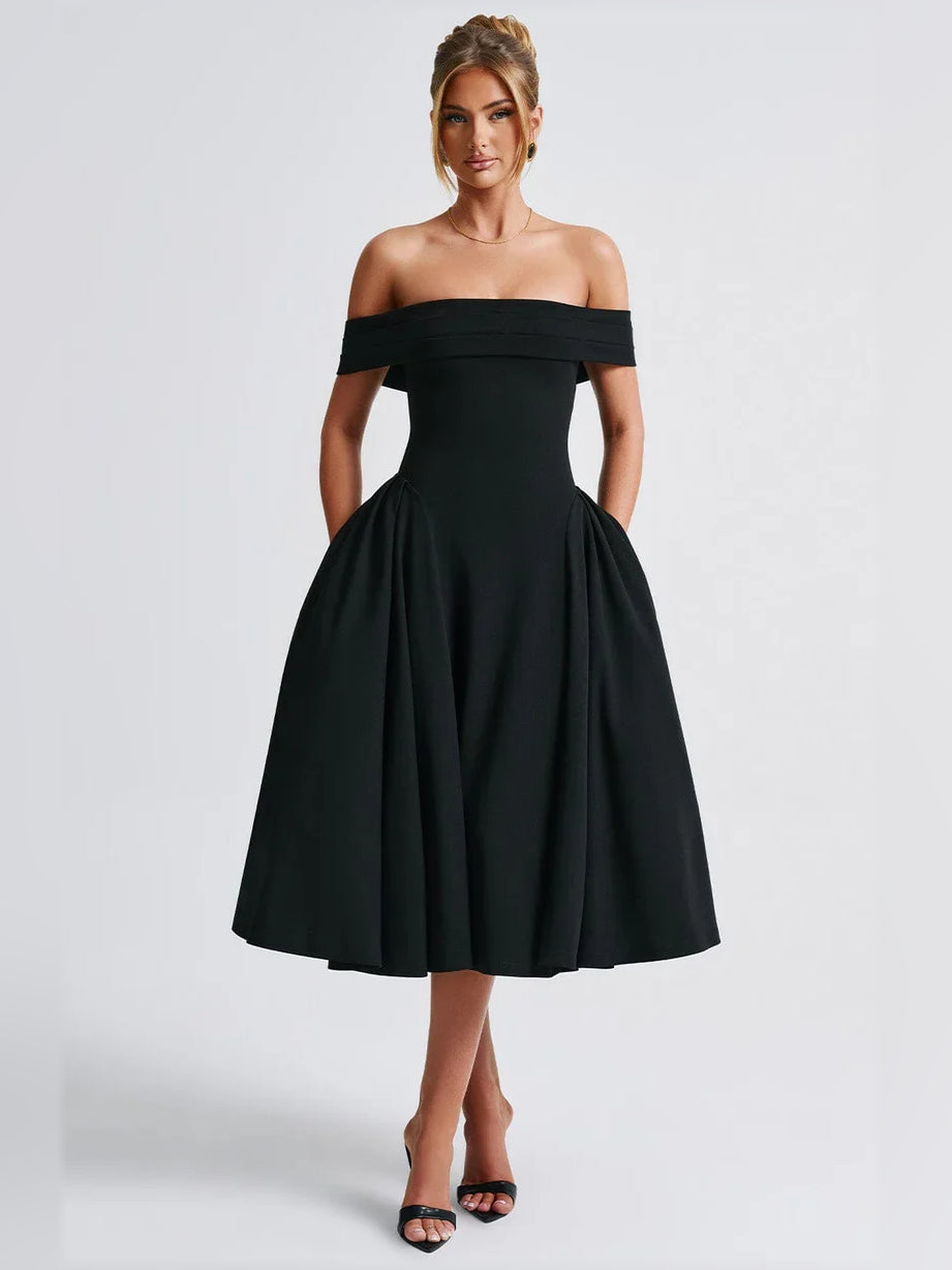 Blue a-line midi formal dress with off-the-shoulder neckline, alternate view showing the bodice