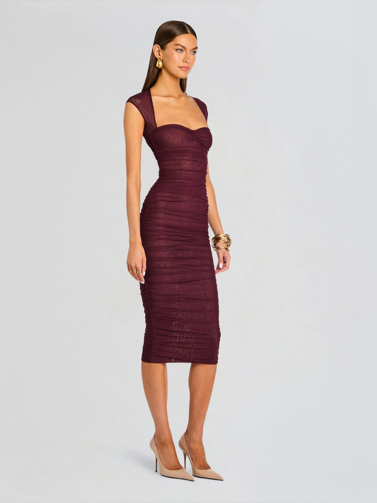 Purple midi formal dress, alternate view showing the bodice