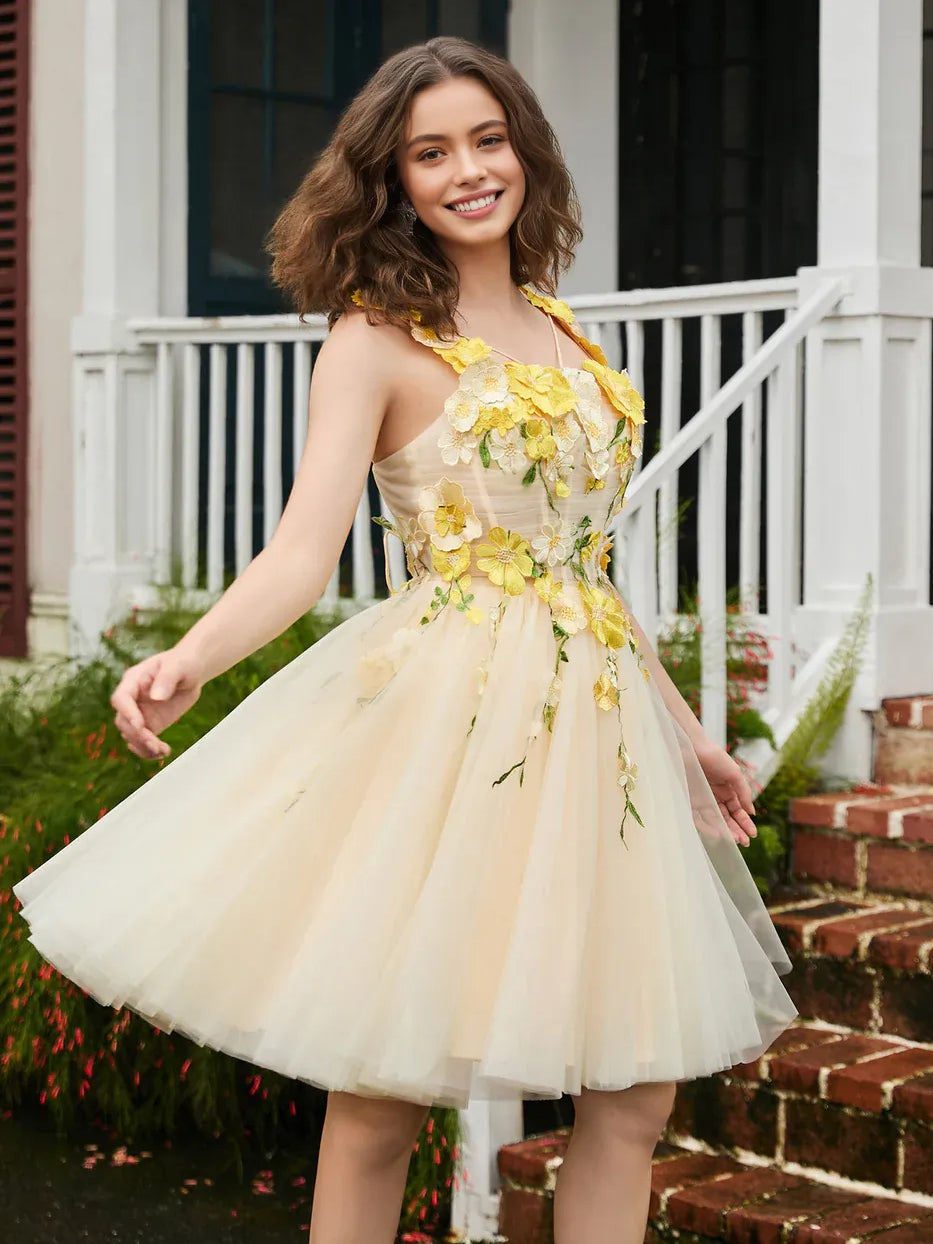 Pale Lemon mini homecoming dress, alternate view showing the dress shape and hem