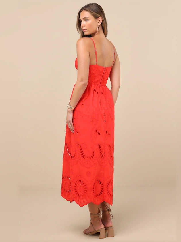 Red midi formal dress with embroidery, alternate view showing the bodice