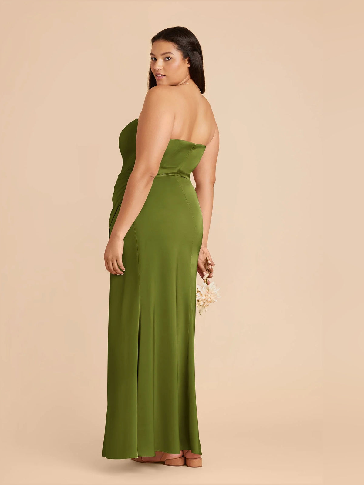 Olive Green maxi bridesmaid dress, alternate view showing the dress shape and hem