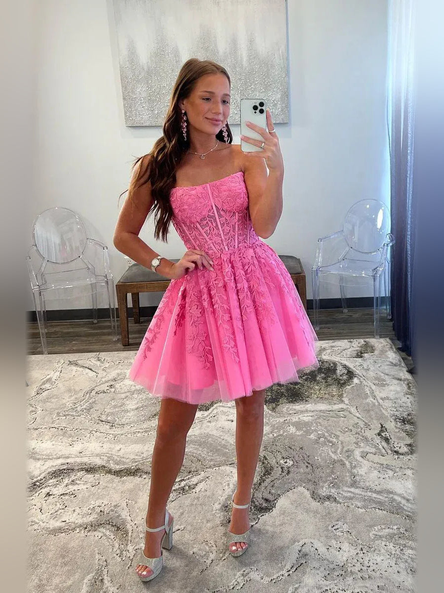 Hot Pink mini homecoming dress, alternate view showing the dress shape and hem