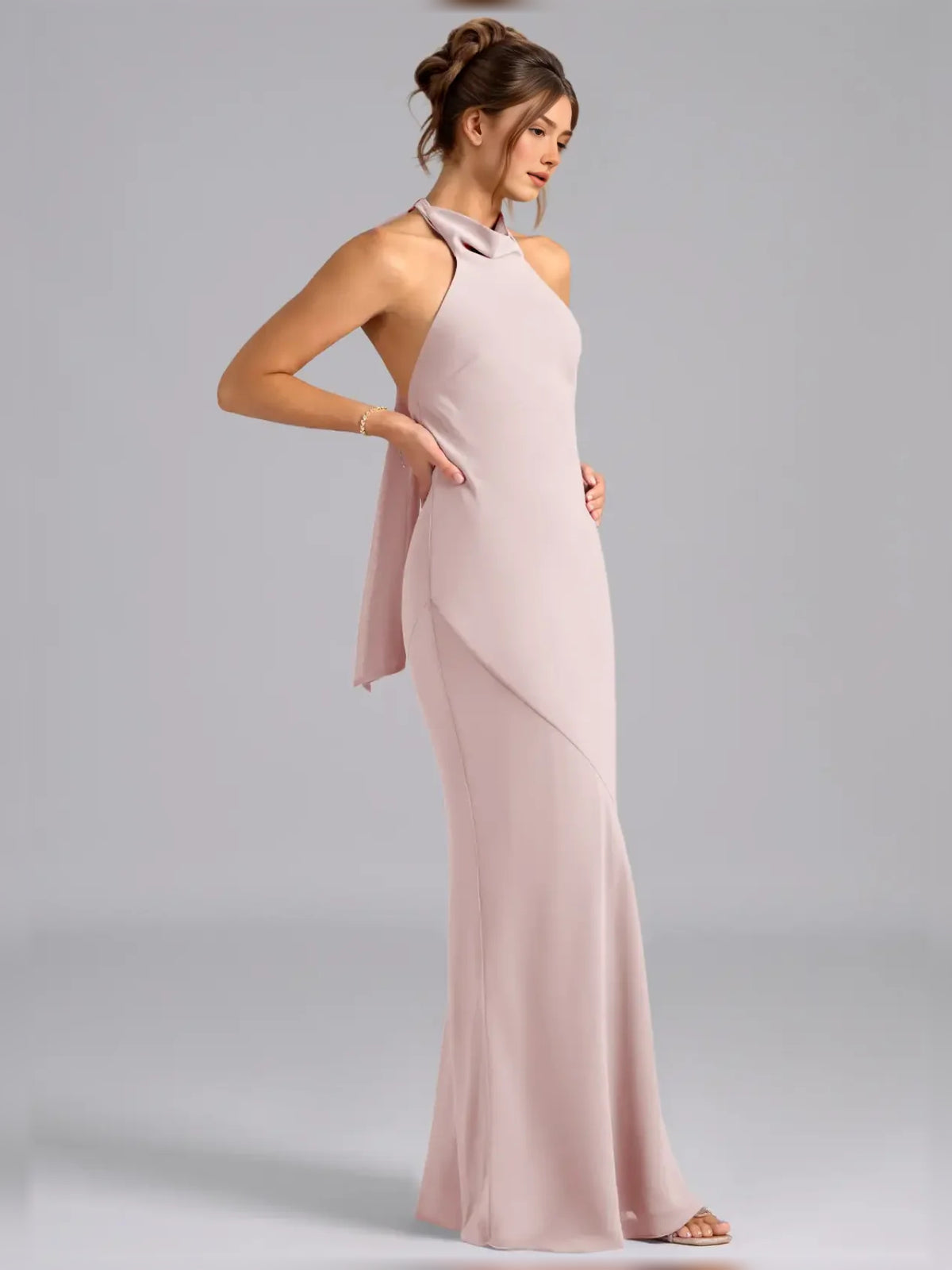 Blush Pink maxi bridesmaid dress, alternate view showing the dress shape and hem
