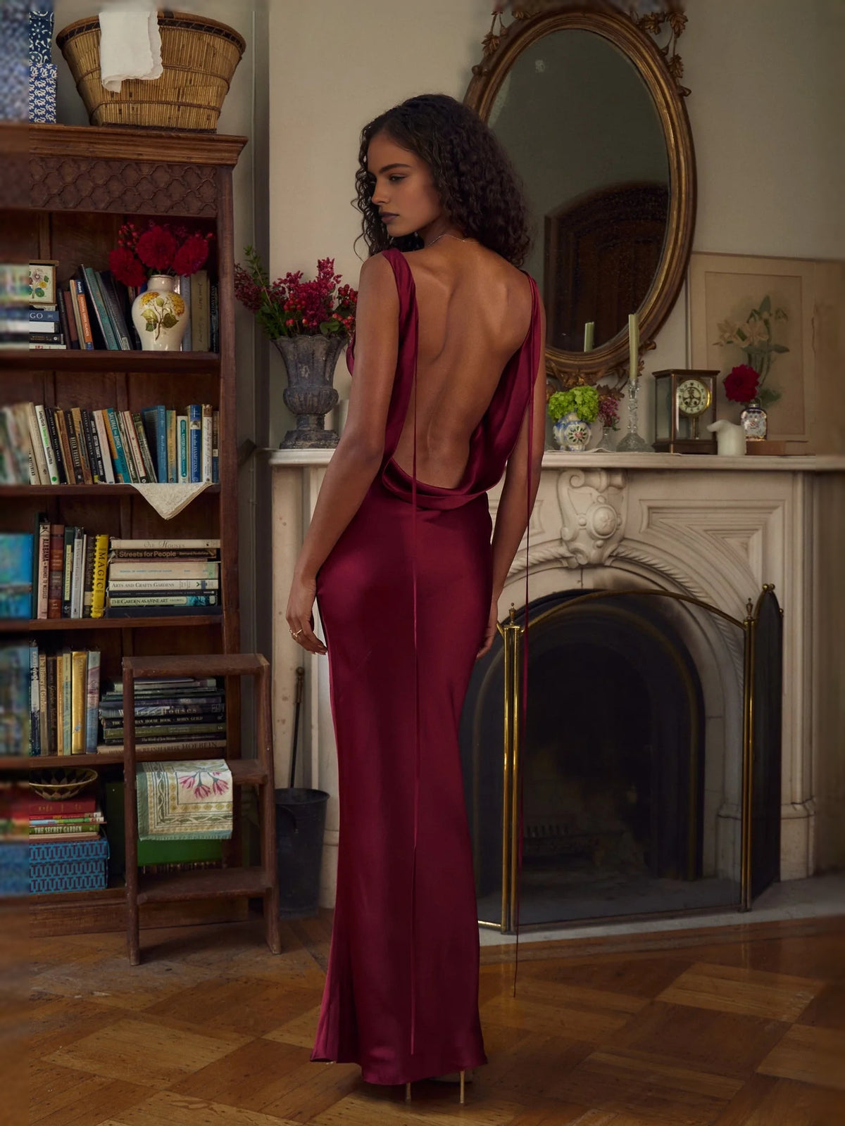 Red floor-length prom dress, alternate view showing the dress shape and hem