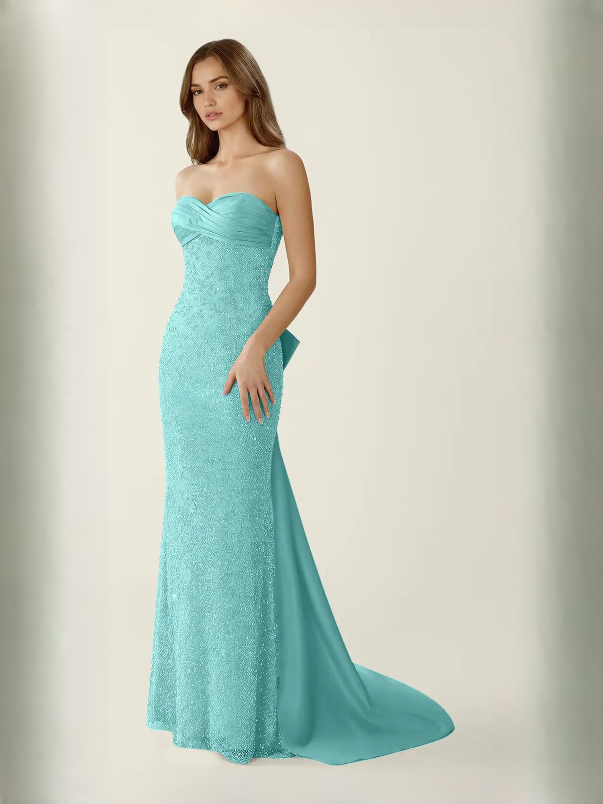Aqua maxi prom dress, alternate view showing the dress shape and hem