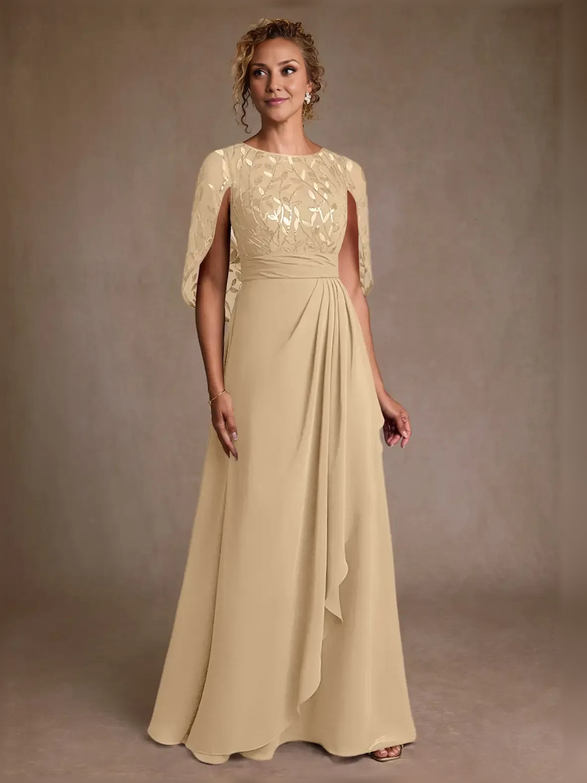 Champagne maxi mother of the bride dress, alternate view showing the dress shape and hem