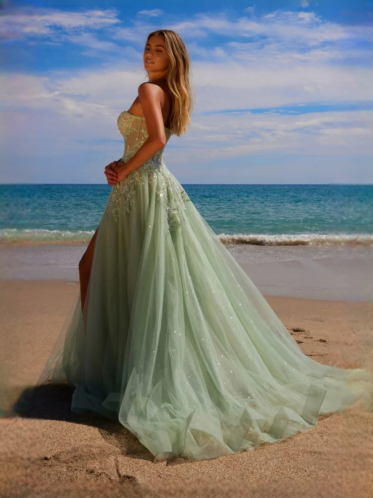 Dusty Sage maxi prom dress, alternate view showing the dress shape and hem