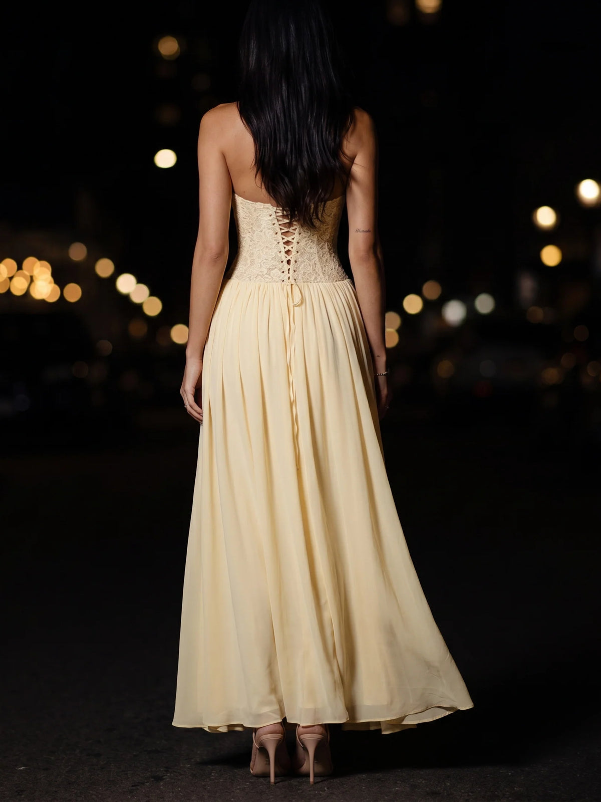 Blush Pink maxi bridesmaid dress, alternate view showing the dress shape and hem