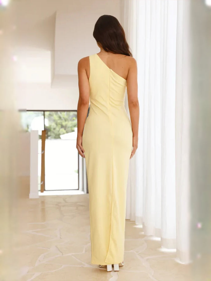 Lemon maxi bridesmaid dress, alternate view showing the dress shape and hem