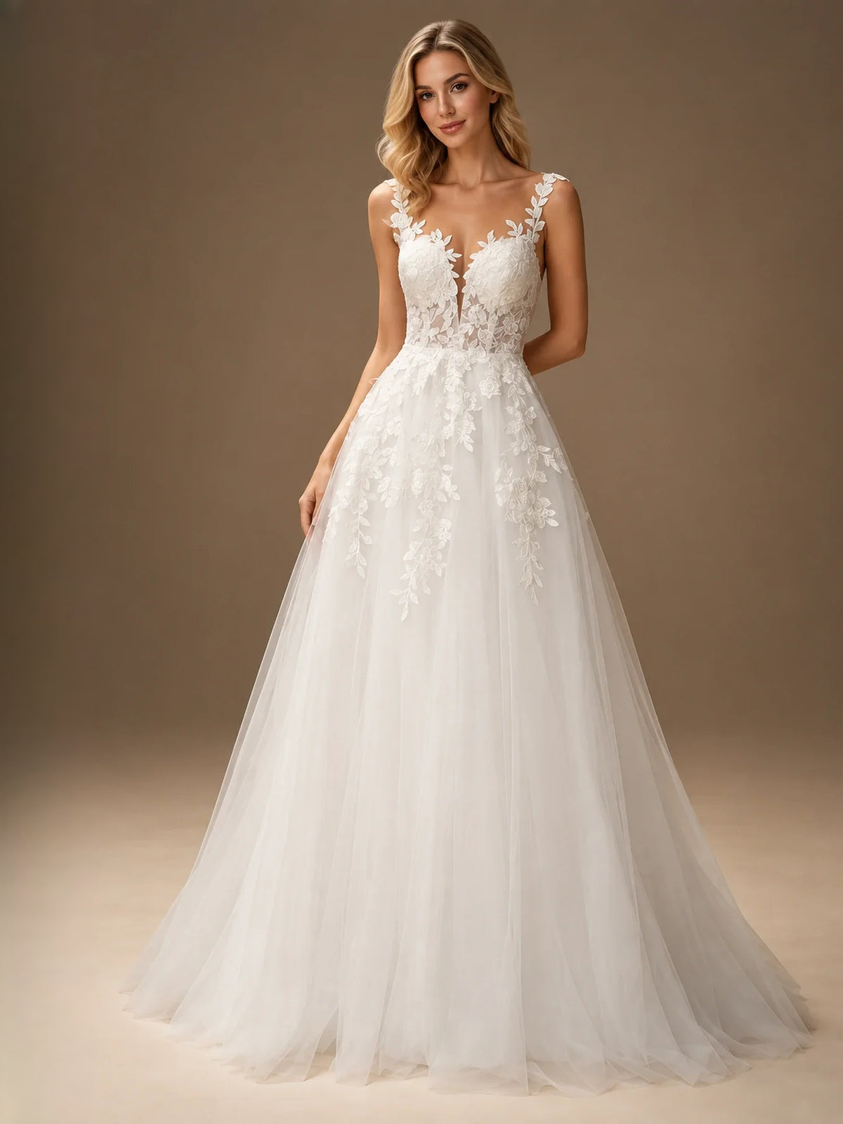 Ivory floor-length wedding dress, alternate view showing the dress shape and hem