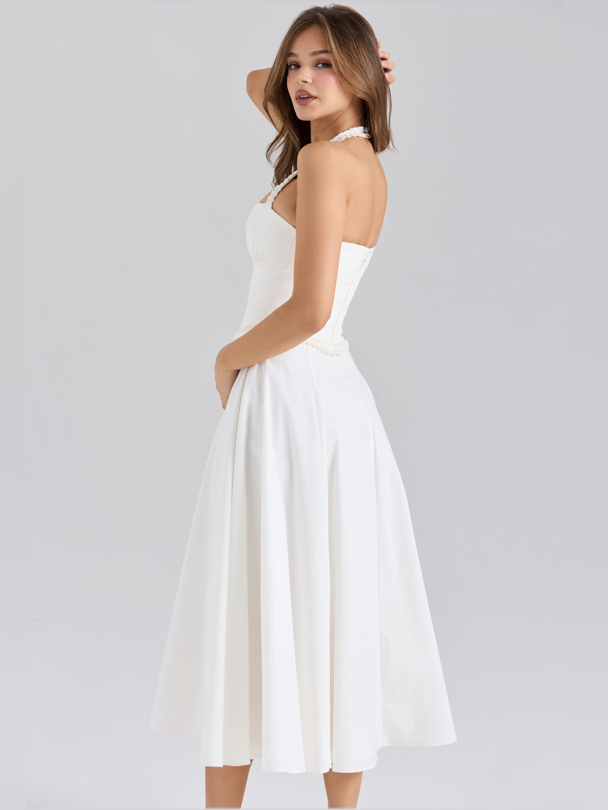White midi formal dress with halter neckline, alternate view showing the bodice