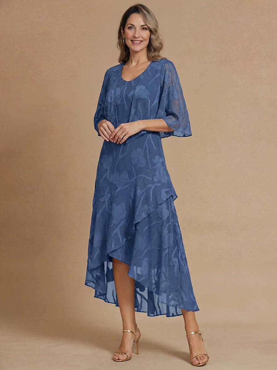 Dusty Blue midi mother of the bride dress, alternate view showing the dress shape and hem
