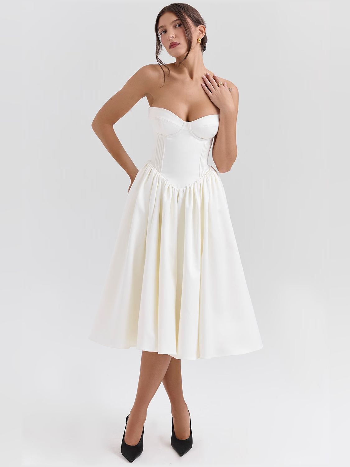 Ivory midi formal dress, alternate view showing the bodice