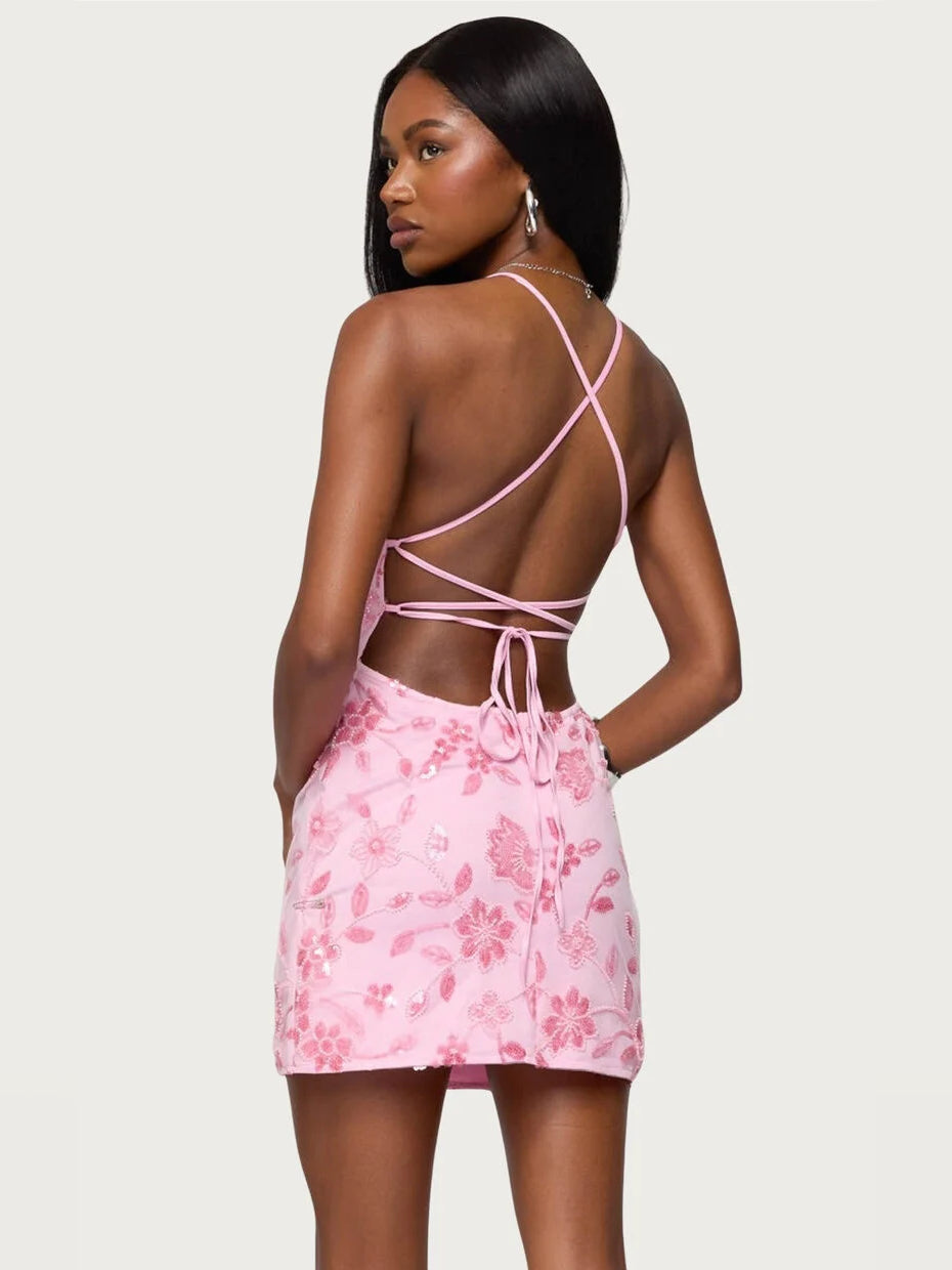 Floral mini homecoming dress, alternate view showing the dress shape and hem