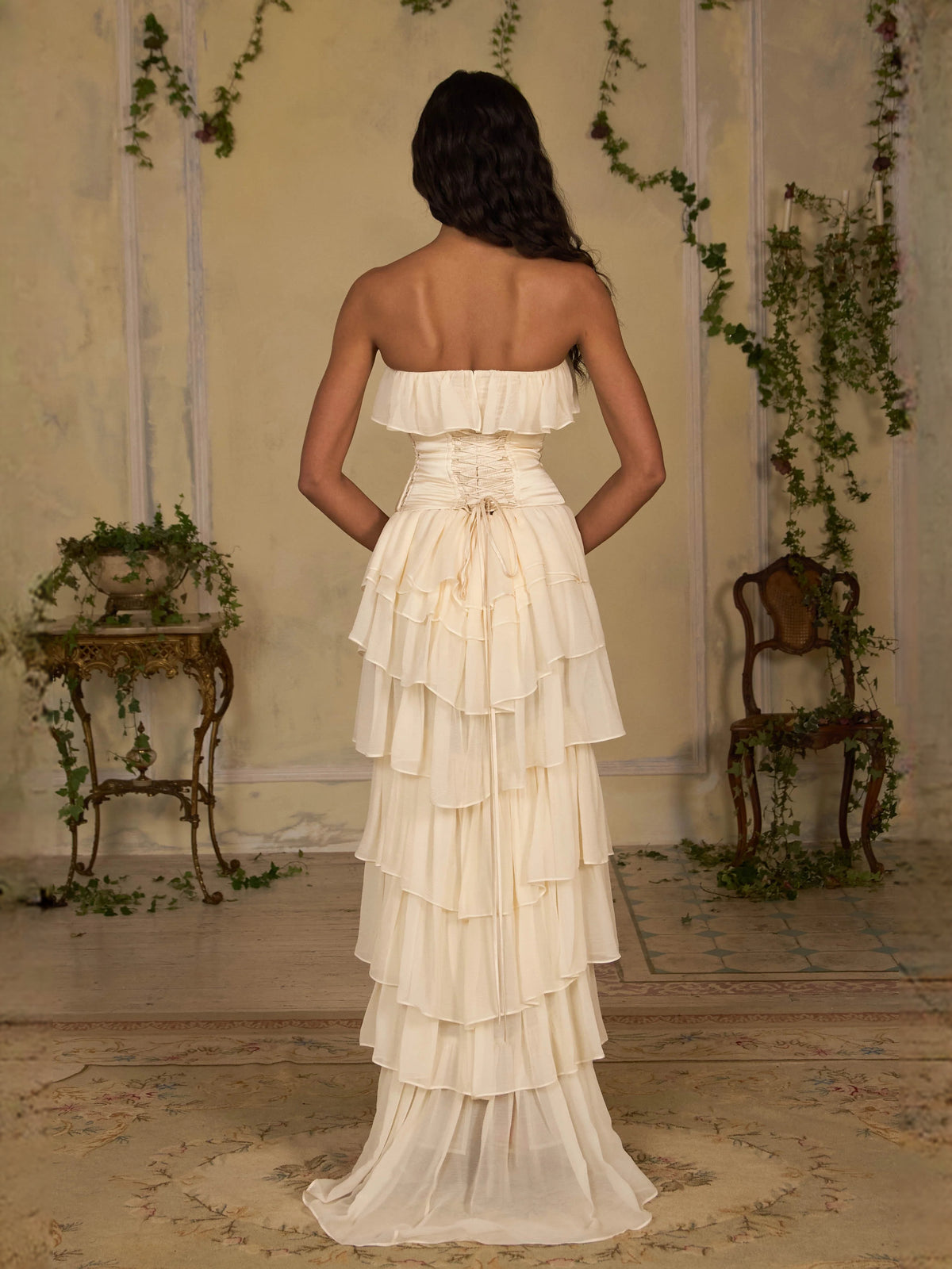 Ivory white floor-length prom dress, alternate view showing the dress shape and hem