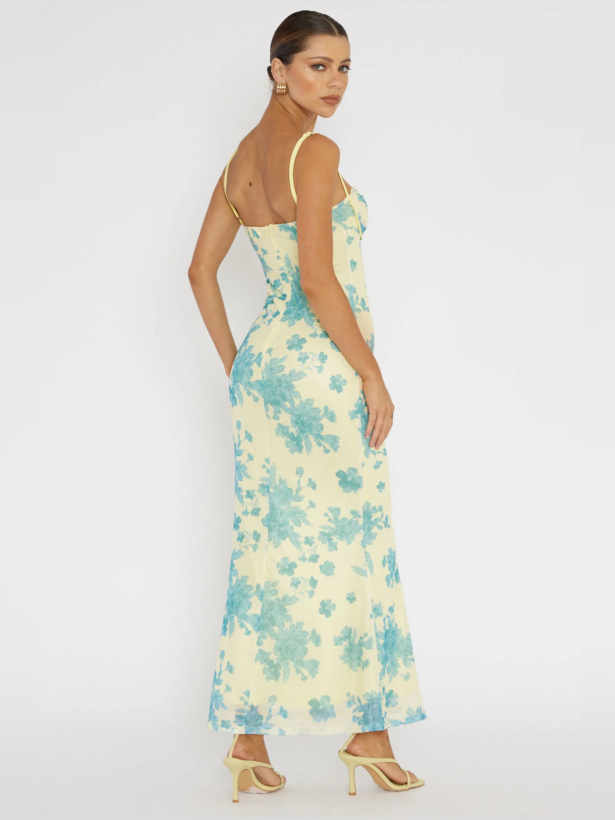 Yellow midi formal dress, alternate view showing the bodice