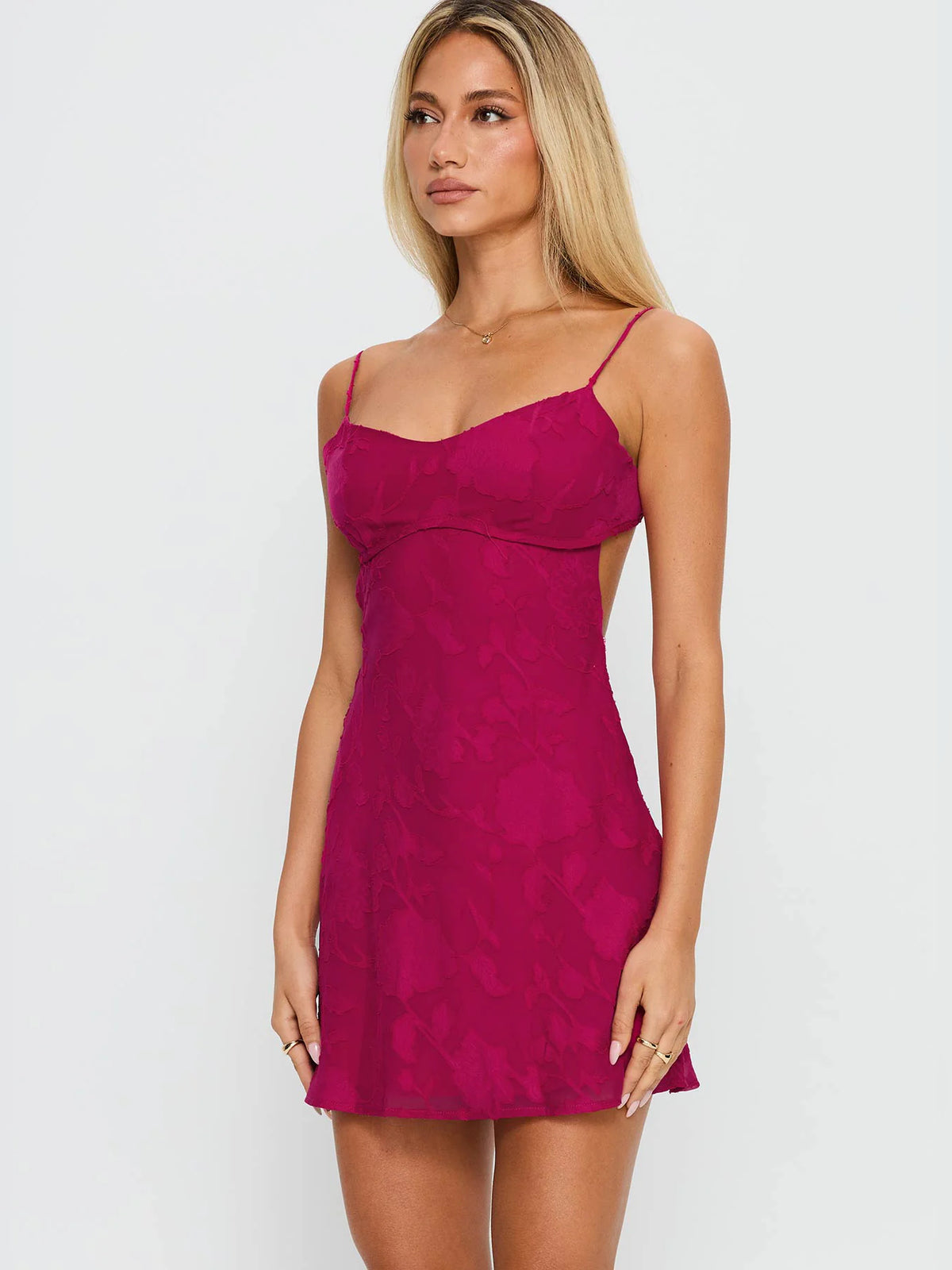 Hot Pink mini homecoming dress, alternate view showing the dress shape and hem