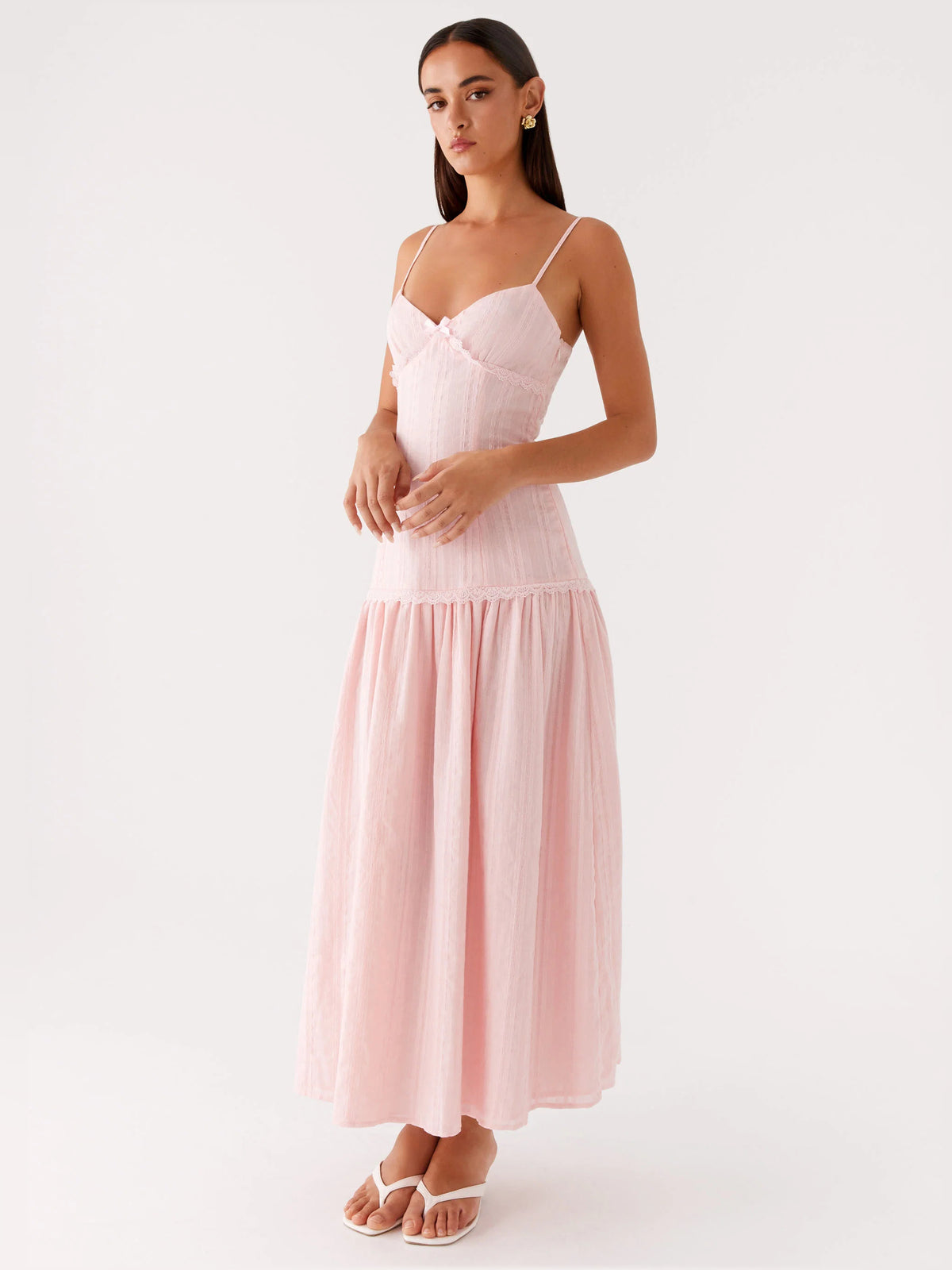 Pink midi formal dress, alternate view showing the bodice
