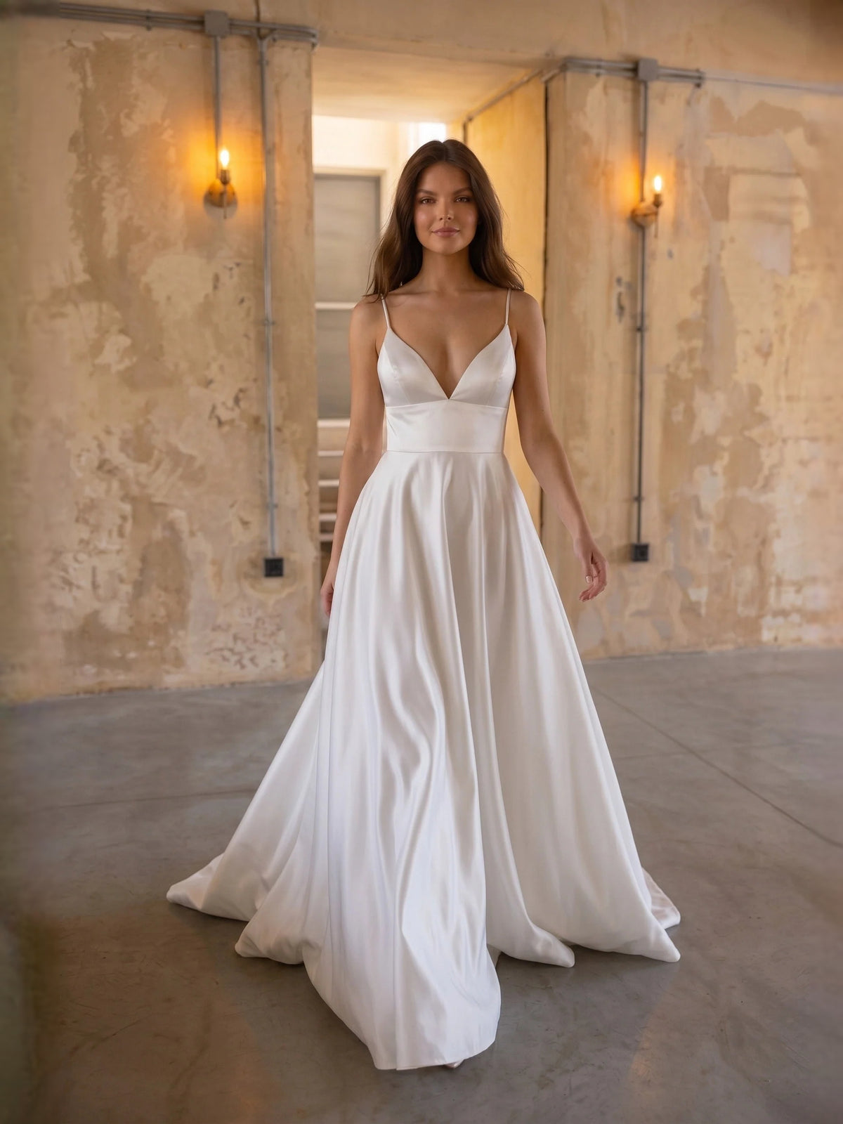 Ivory floor-length wedding dress, alternate view showing the dress shape and hem
