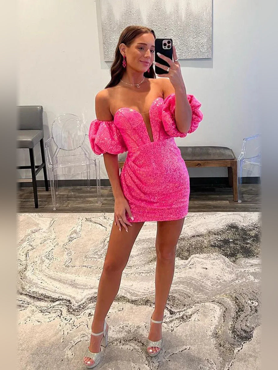 Hot Pink mini homecoming dress, alternate view showing the dress shape and hem